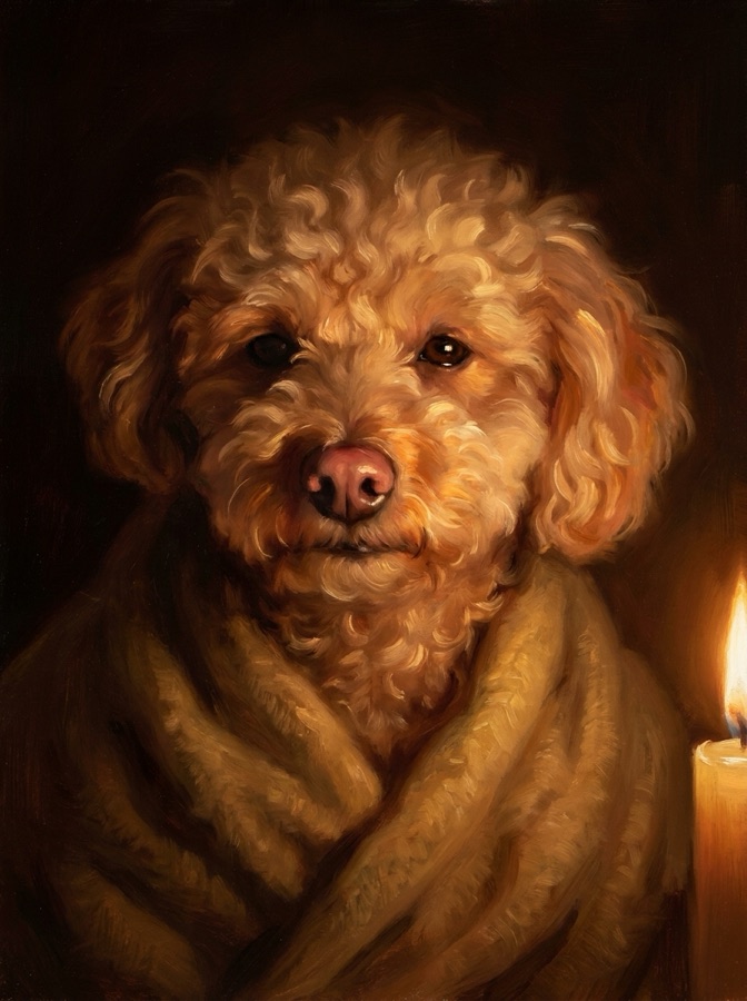 The same pet painted in the Candlelit Study style